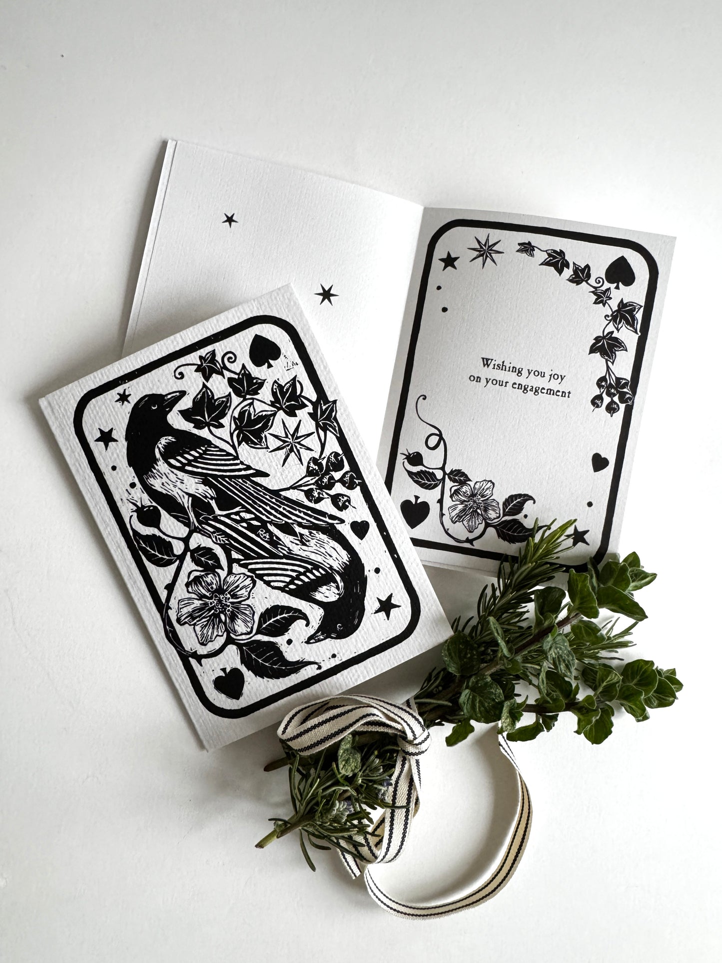Two For Joy Magpies Linocut Art Card, Vintage Keepsake, Engagement, Birthday, Personalised Wording