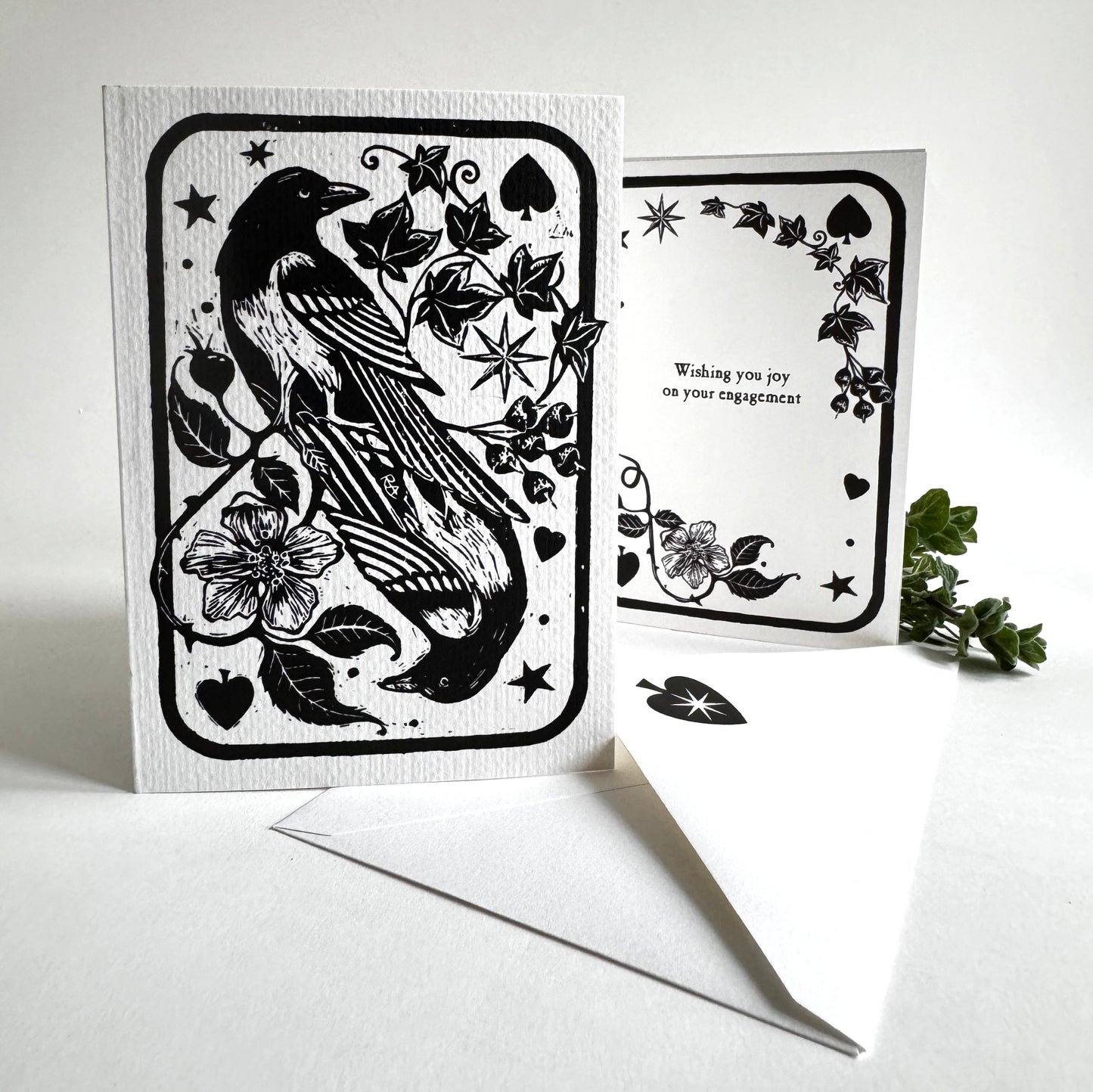 Two For Joy Magpies Linocut Art Card, Vintage Keepsake, Engagement, Birthday, Personalised Wording