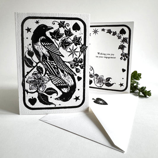 Two For Joy Magpies Linocut Art Card, Vintage Keepsake, Engagement, Birthday, Personalised Wording