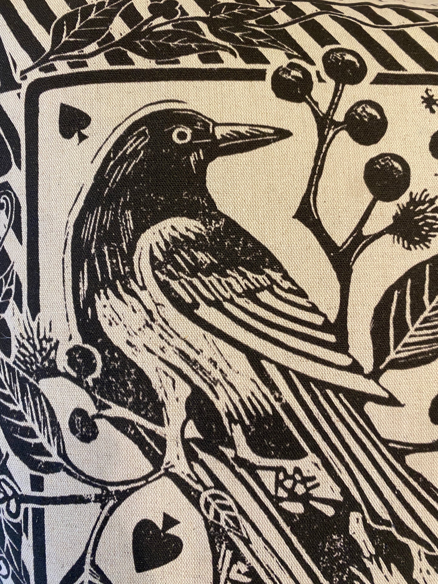 Two For Joy - Magpie Playing Card, Linen Cushion Cover with bird print