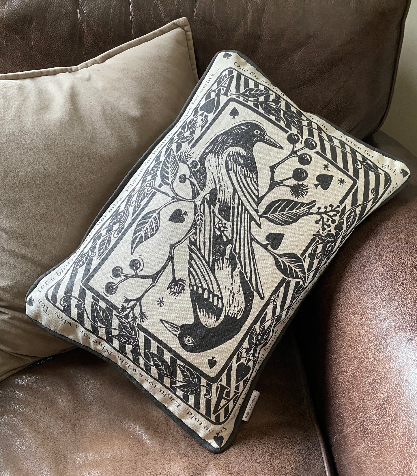 Two For Joy - Magpie Playing Card, Linen Cushion Cover with bird print