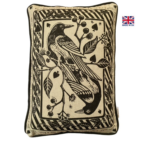 Two For Joy - Magpie Playing Card, Linen Cushion Cover with bird print