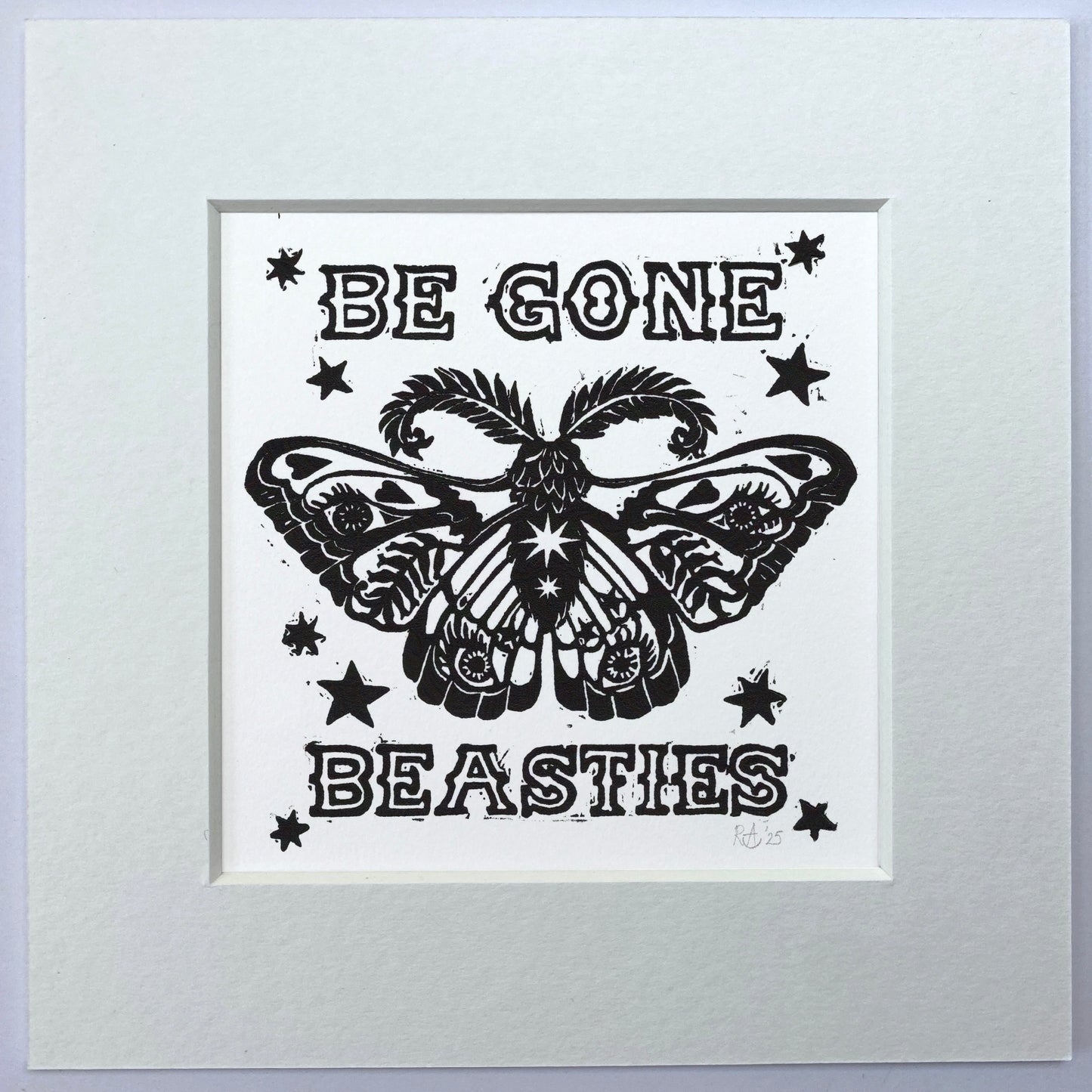 Black butterfly illustration with 'Be Gone Beasties' text on a white background