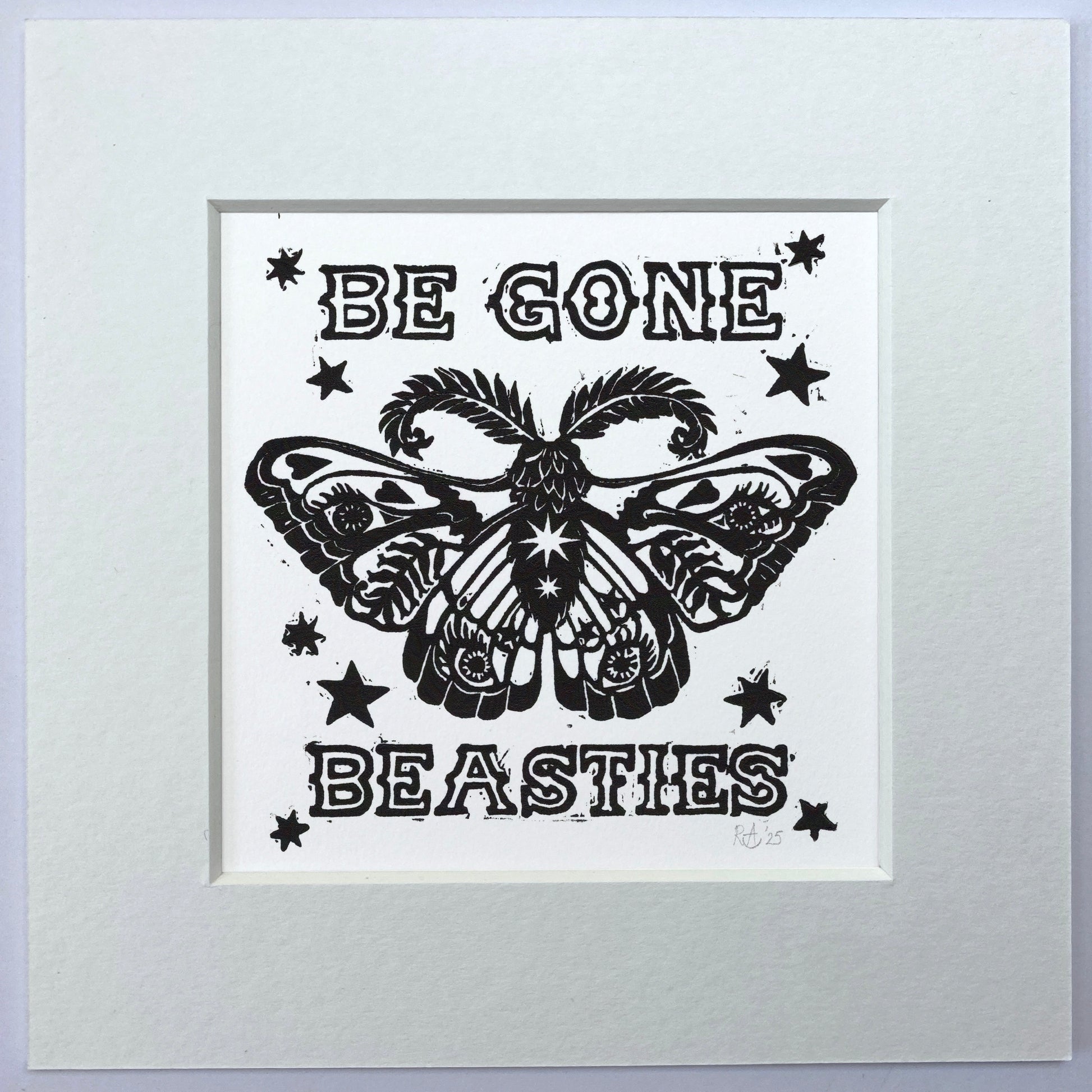 Black butterfly illustration with 'Be Gone Beasties' text on a white background