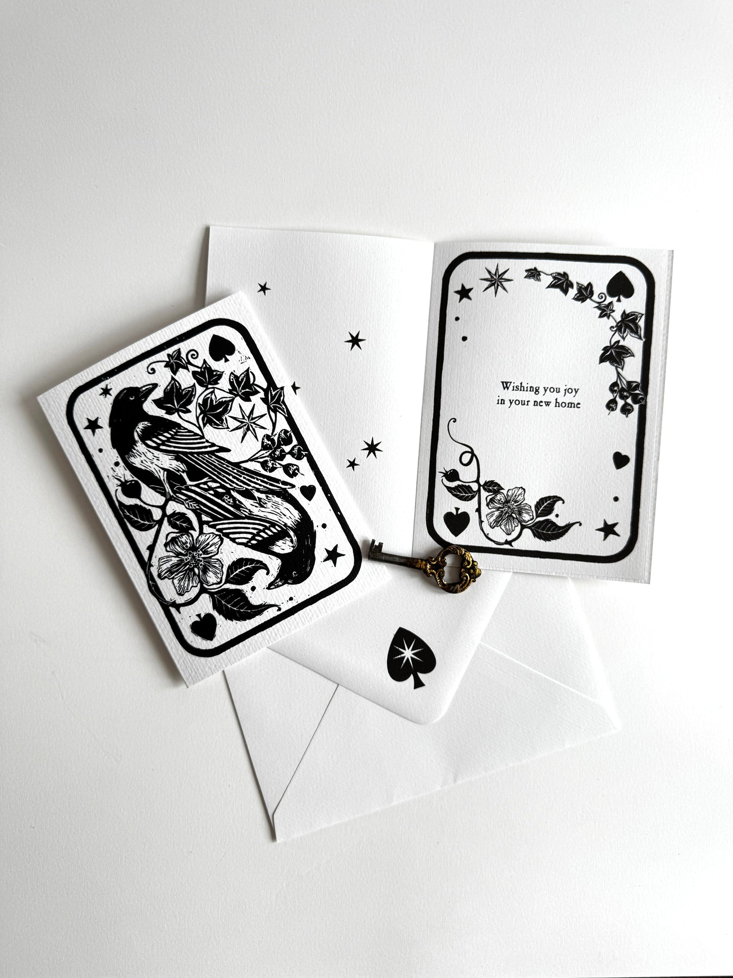 Handprinted Magpie Card, Vintage Art Keepsake, New Home, Luck, Joy