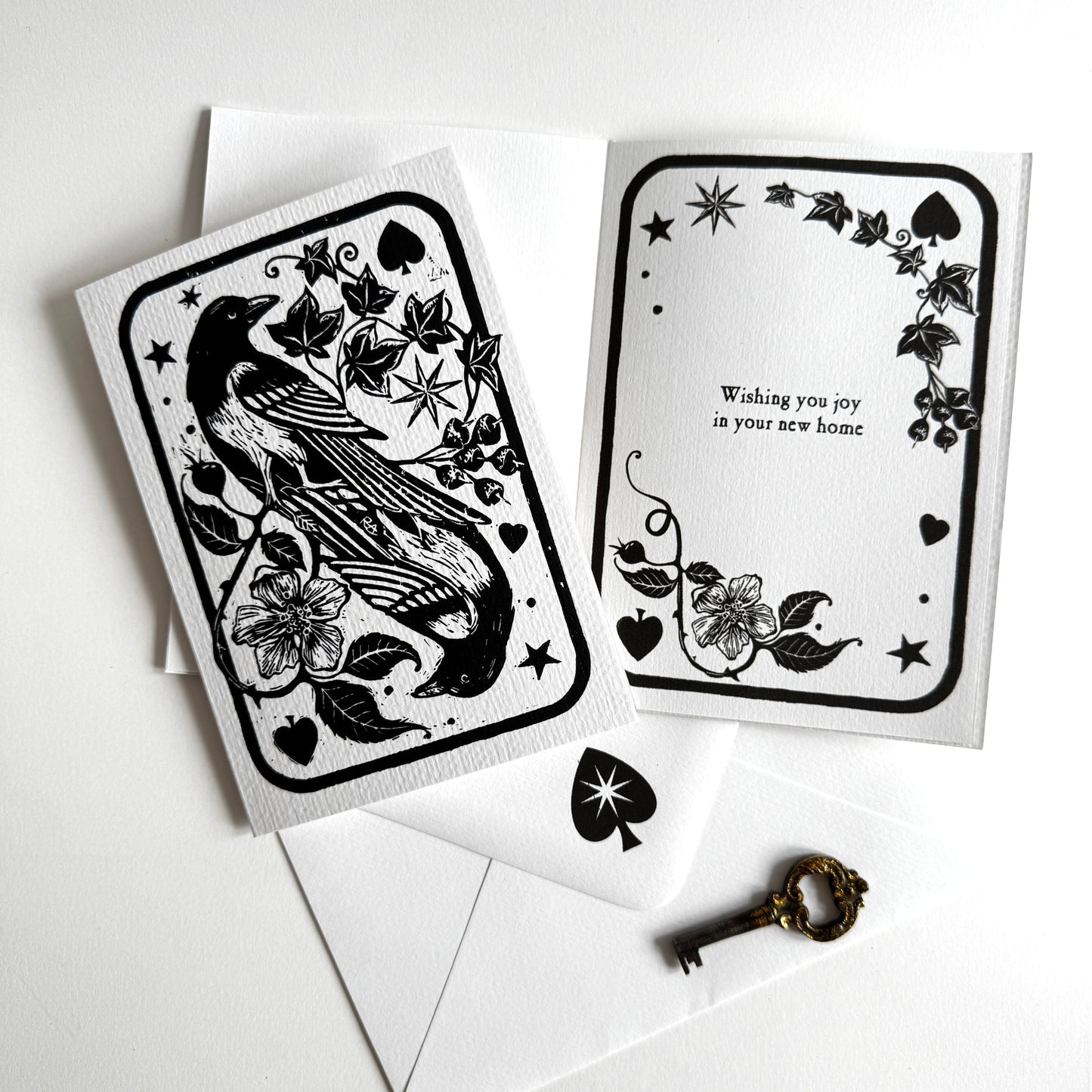 Handprinted Magpie Card, Vintage Art Keepsake, New Home, Luck, Joy