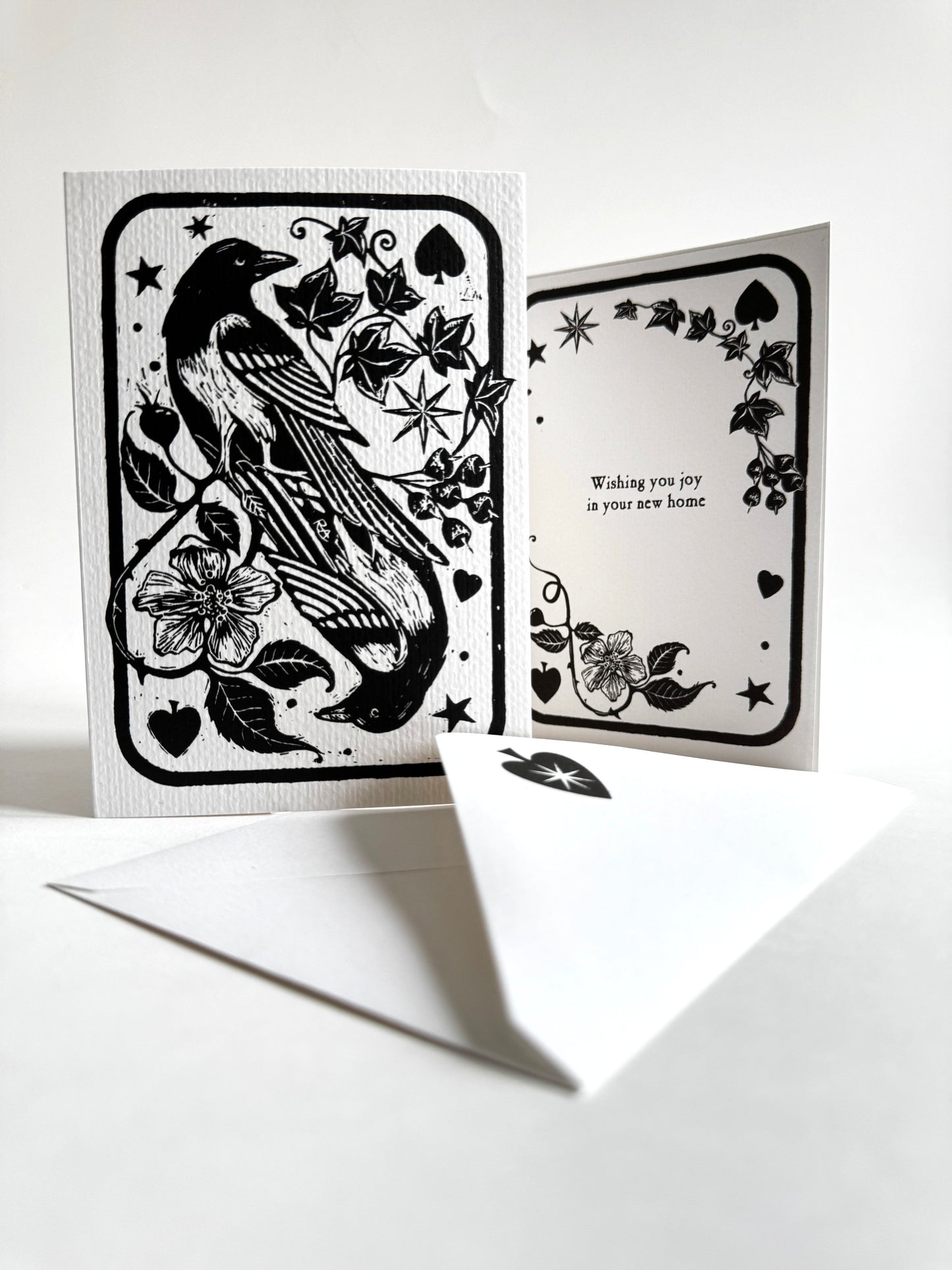 Handprinted Magpie Card, Vintage Art Keepsake, New Home, Luck, Joy