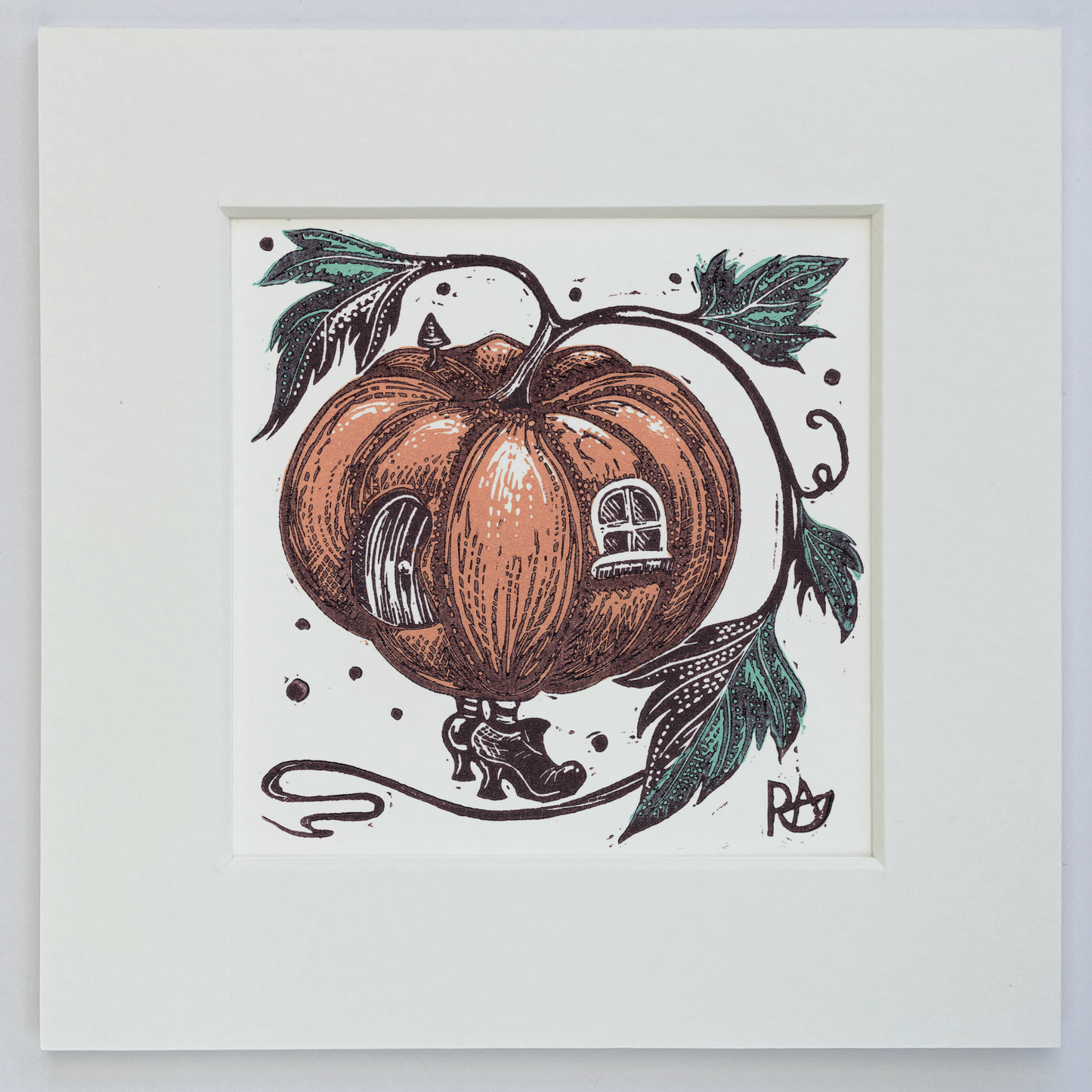 Illustration of a pumpkin with a house and boot, framed on a white background