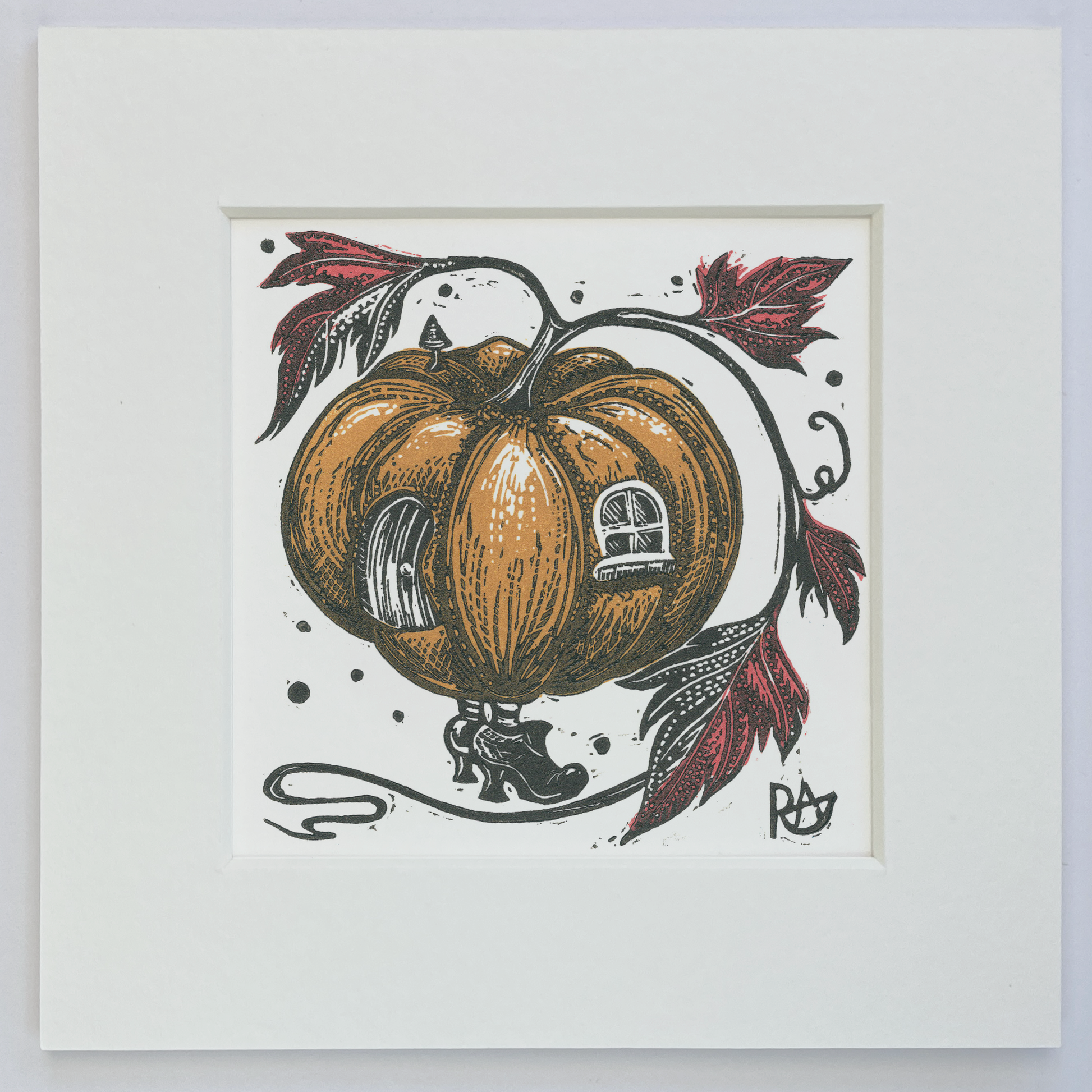 Illustration of a pumpkin with a house inside, surrounded by leaves on a white background