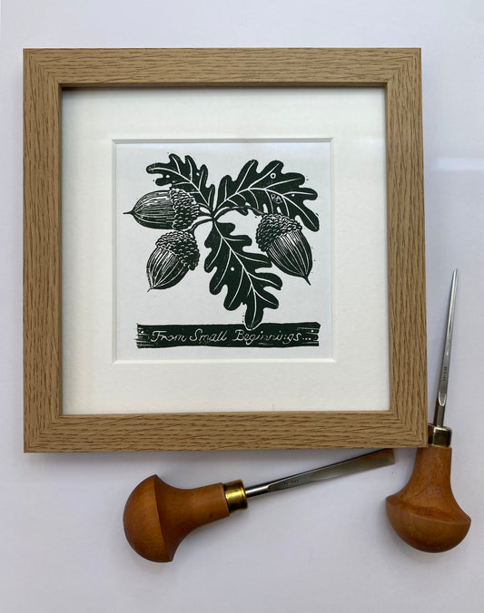 Small Beginnings - Acorn and Oak leaf mounted original linoprint art