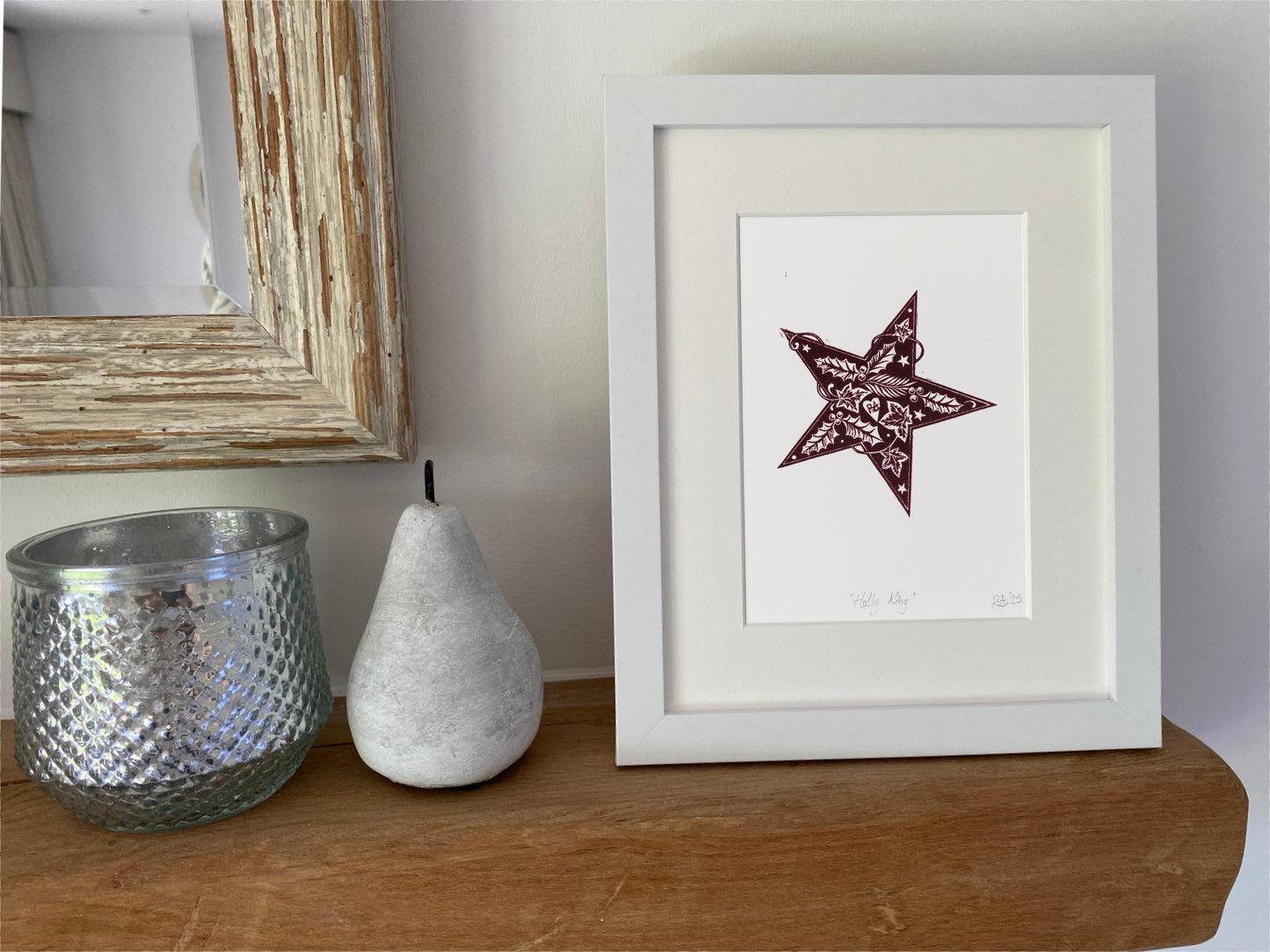Holly King Star linoprint. Seasonal celebration print in burgundy