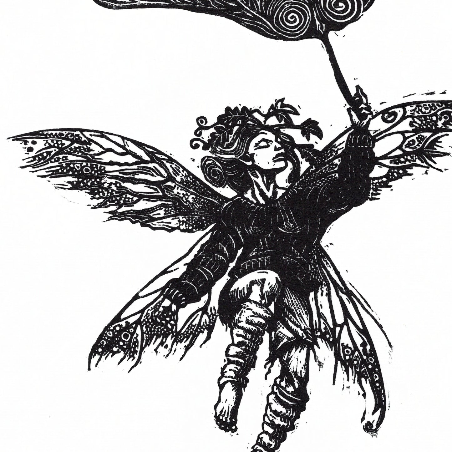 Fairy Linoprint: Sycamore Seed Pod Flight, Hand-Carved Black & White Art
