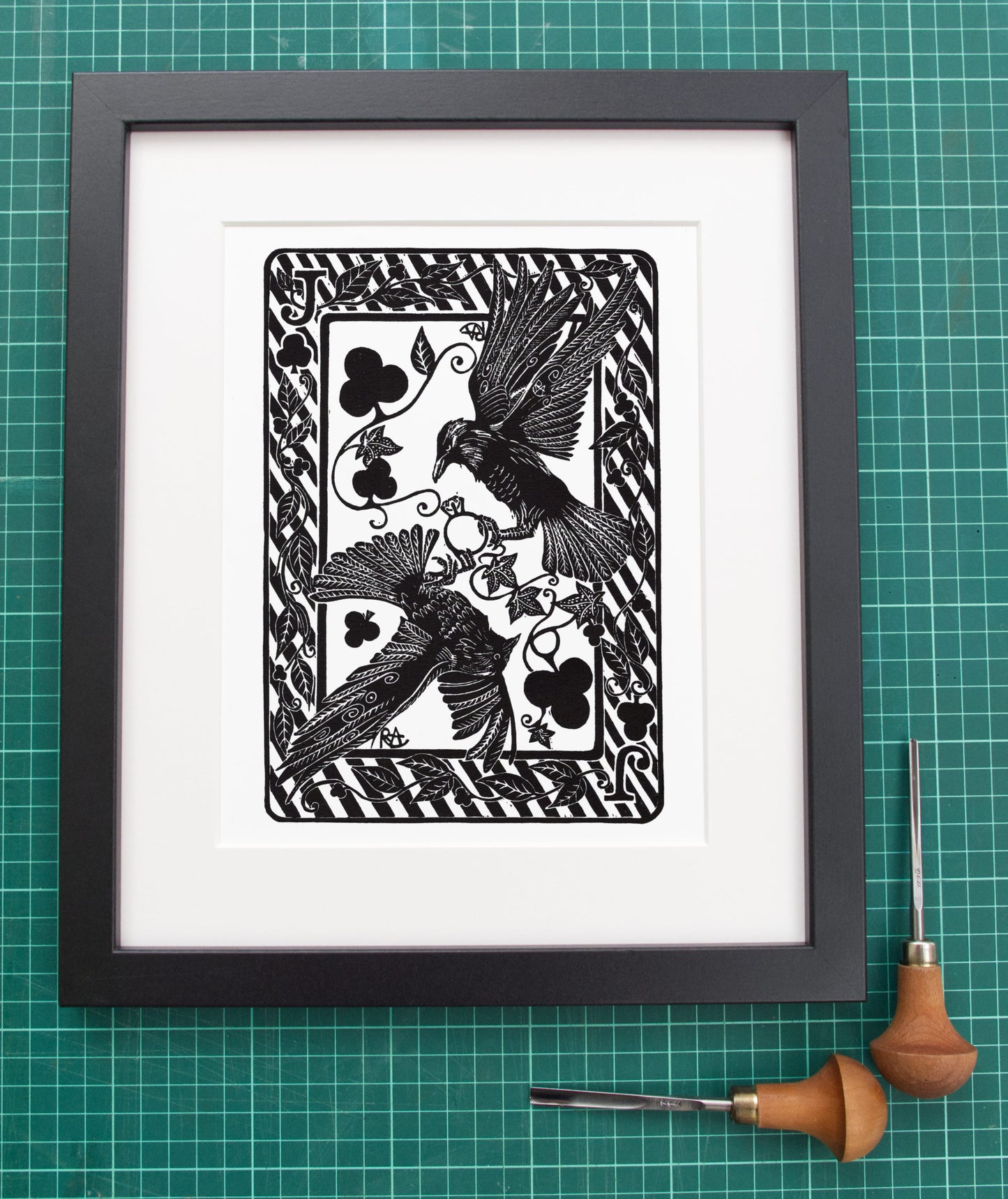 Jackdaws Stealing Ring Linocut Print: Handprinted Black and White Art