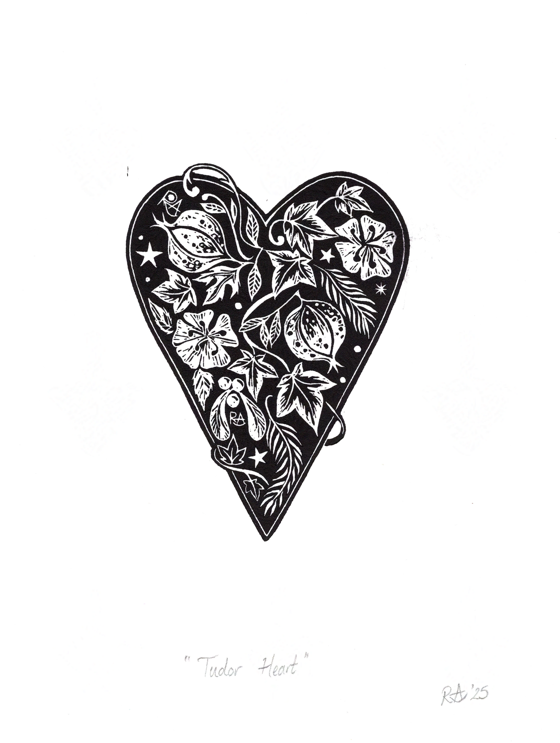 Decorative black tudor heart with floral patterns on a white background