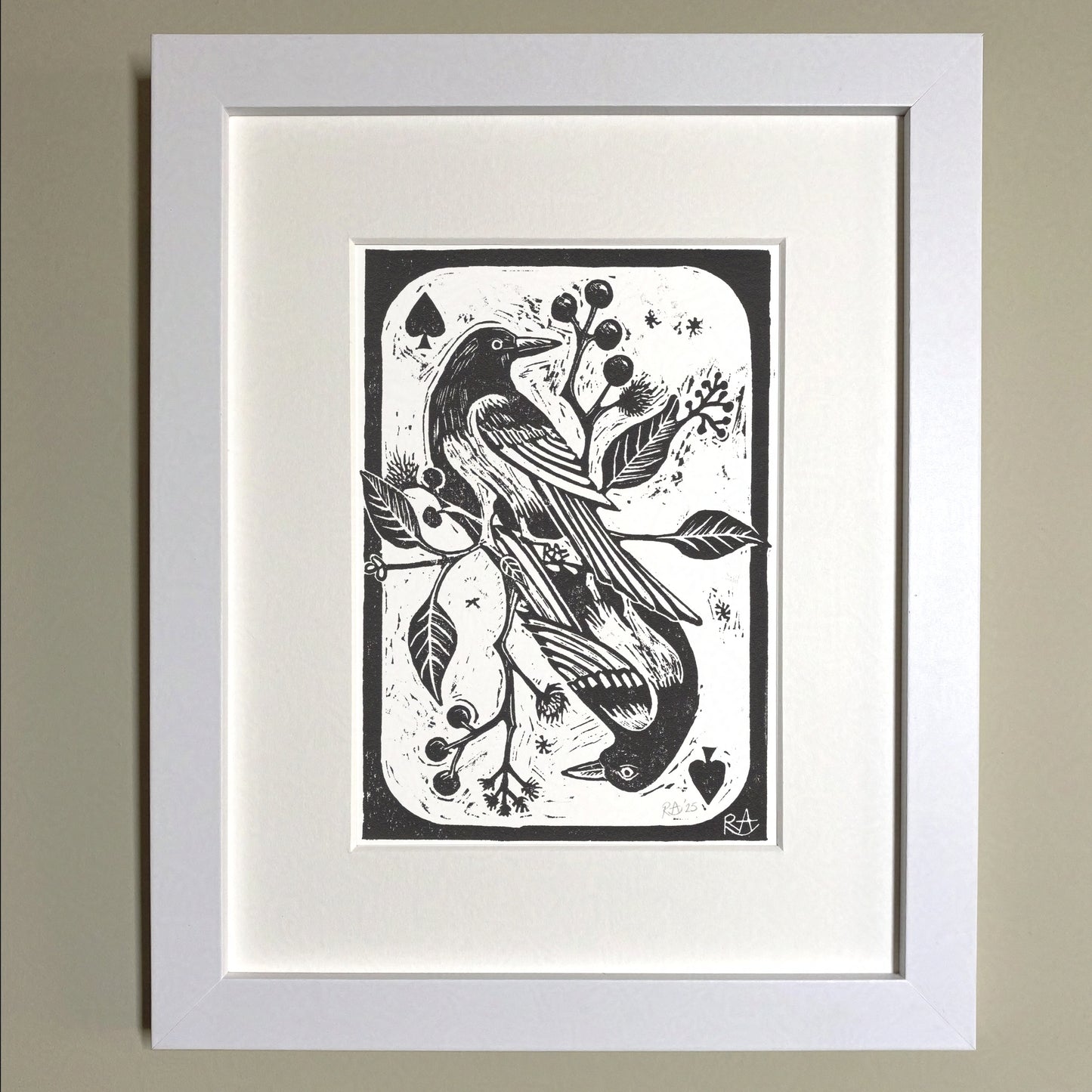 Two For Joy, Magpies & Ace of Spades - Linocut Art Print