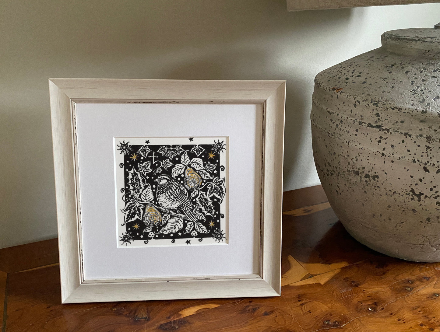 Winter Song - Original Linoprint Partridge, Pear Tree, Holly, Ivy and Stars