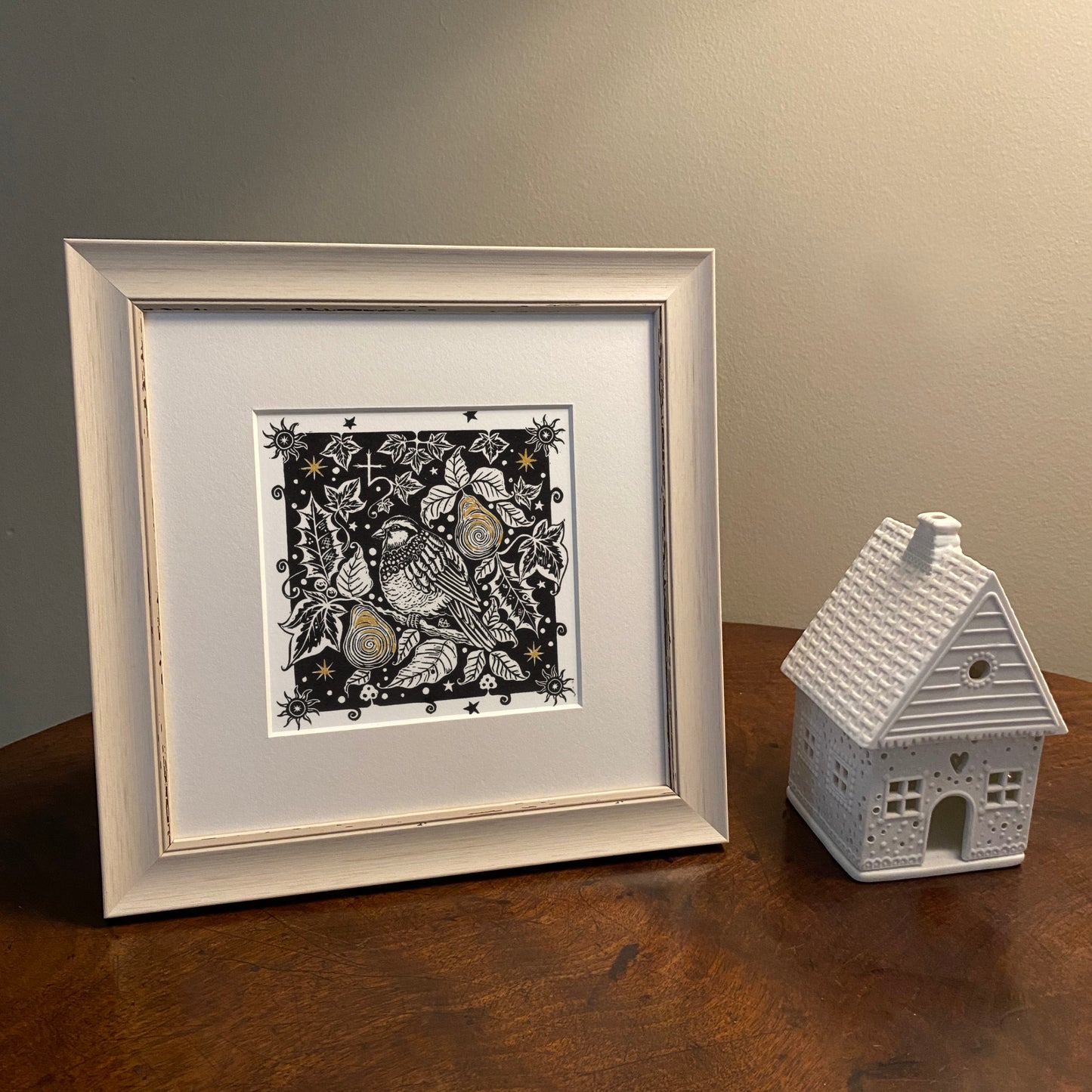 Winter Song - Original Linoprint Partridge, Pear Tree, Holly, Ivy and Stars