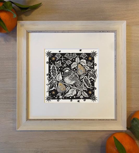 Winter Song - Original Linoprint Partridge, Pear Tree, Holly, Ivy and Stars