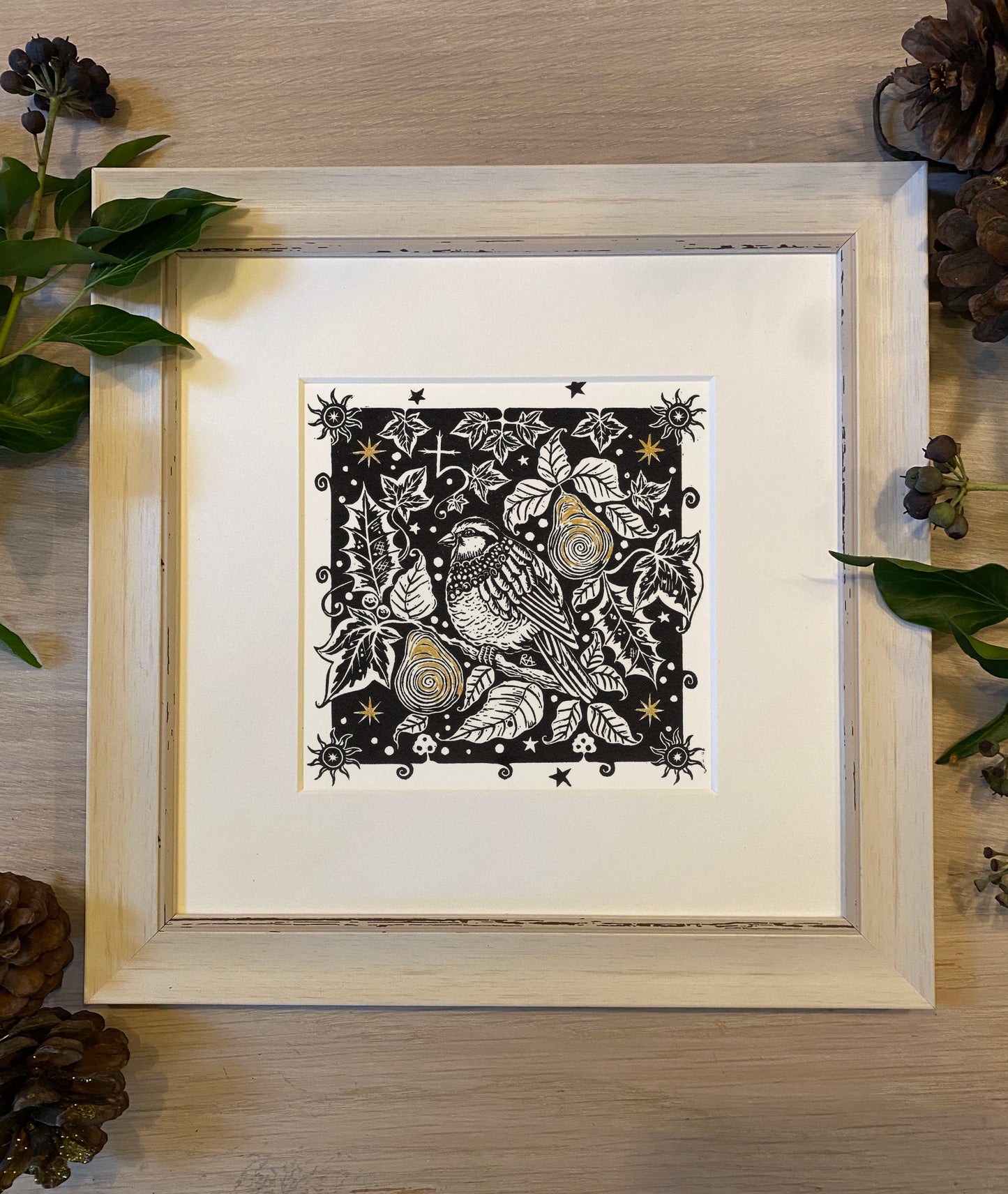Winter Song - Original Linoprint Partridge, Pear Tree, Holly, Ivy and Stars