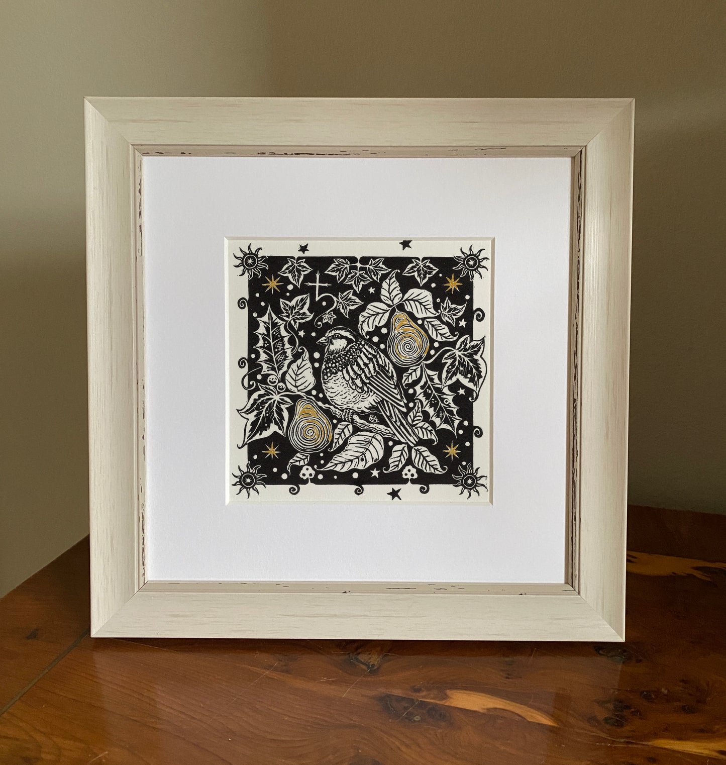 Winter Song - Original Linoprint Partridge, Pear Tree, Holly, Ivy and Stars