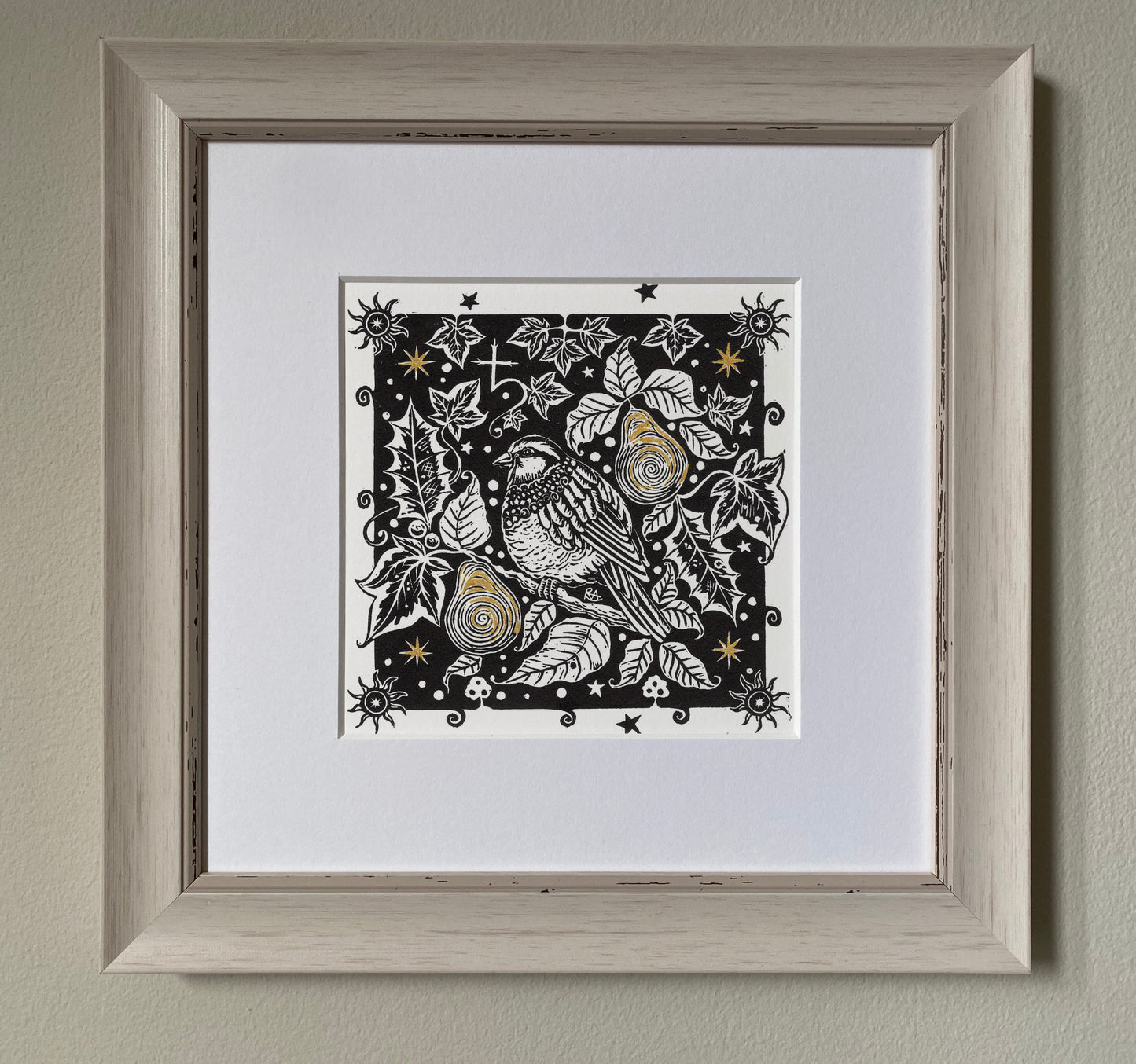 Winter Song - Original Linoprint Partridge, Pear Tree, Holly, Ivy and Stars