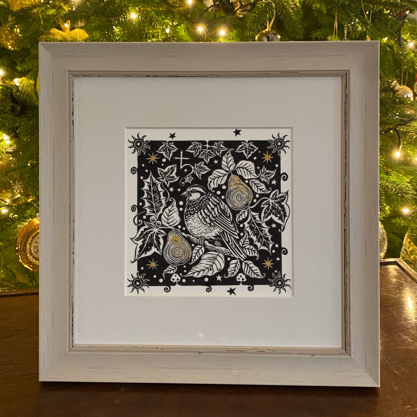 Winter Song - Original Linoprint Partridge, Pear Tree, Holly, Ivy and Stars
