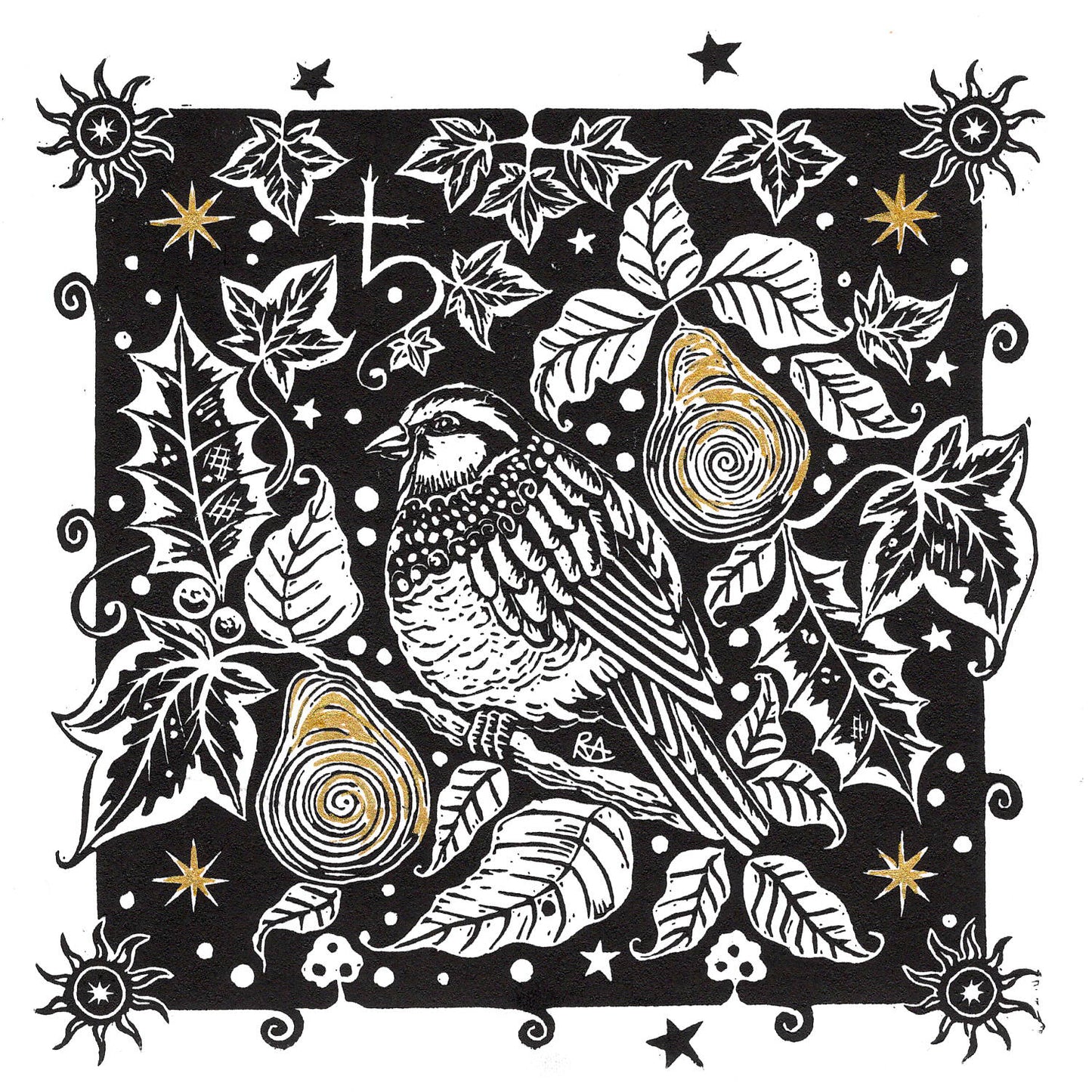 Winter Song - Original Linoprint Partridge, Pear Tree, Holly, Ivy and Stars