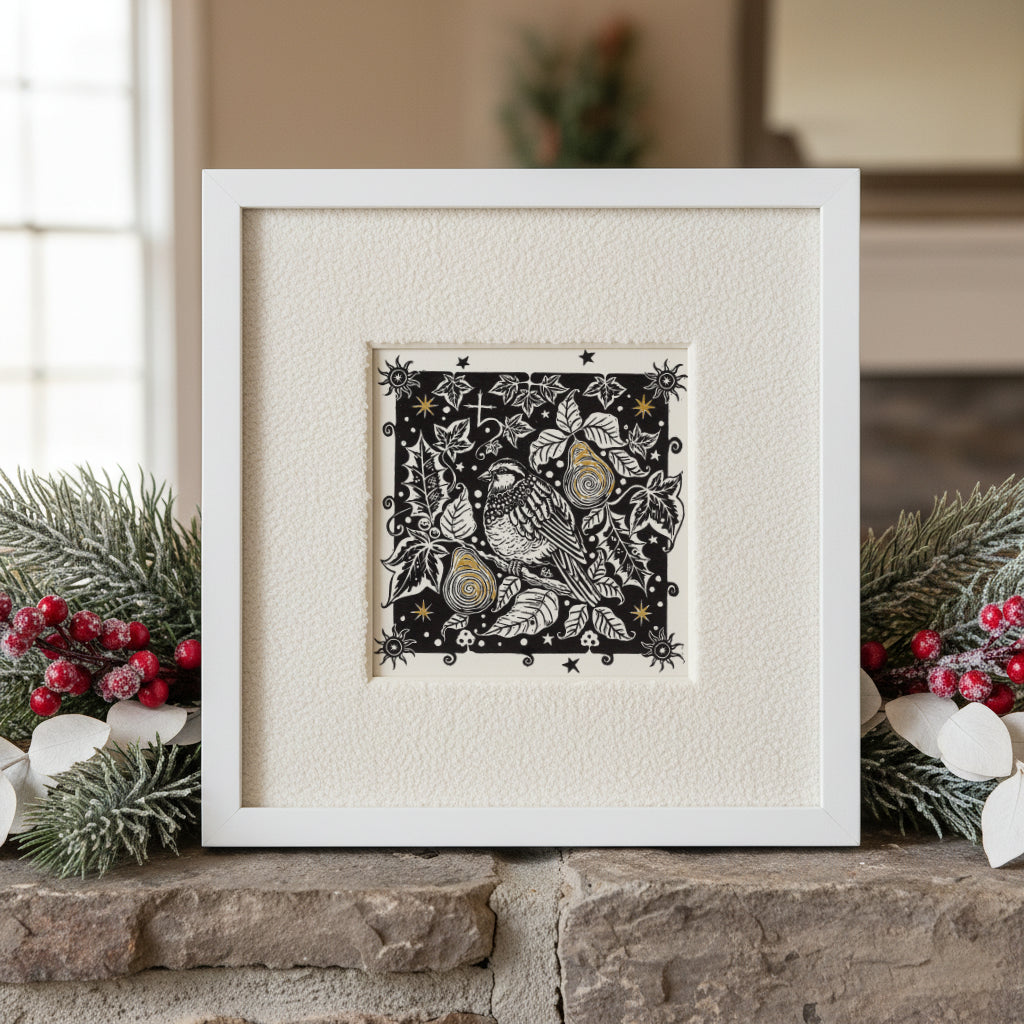 Winter Song - Original Linoprint Partridge, Pear Tree, Holly, Ivy and Stars