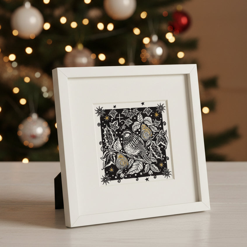 Winter Song - Original Linoprint Partridge, Pear Tree, Holly, Ivy and Stars